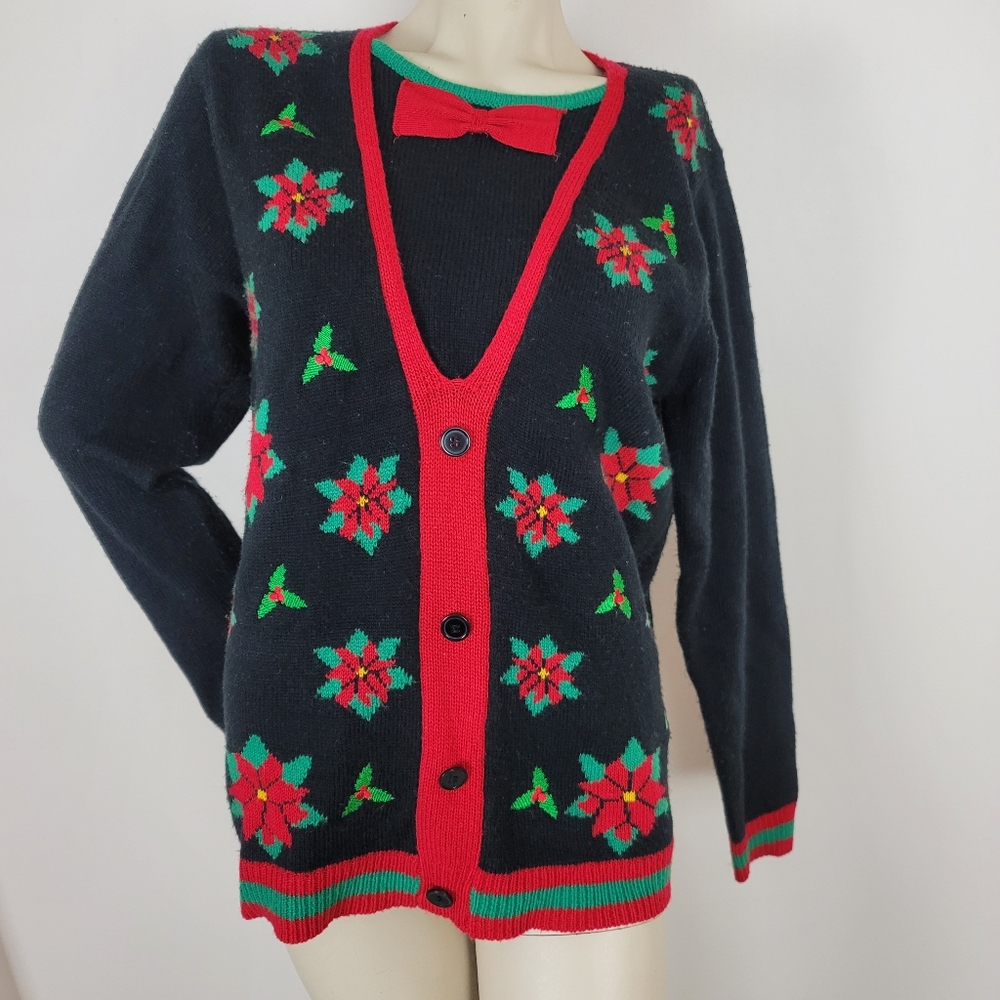 Jolly sweaters bowtie faux vest poinsettia sweater